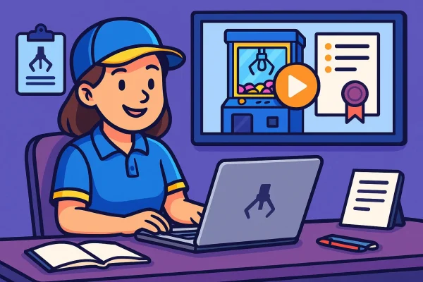 Person in a blue cap working on a laptop, with a claw machine graphic and checklist on the screen, symbolizing ClawCADE's franchise support and training services.